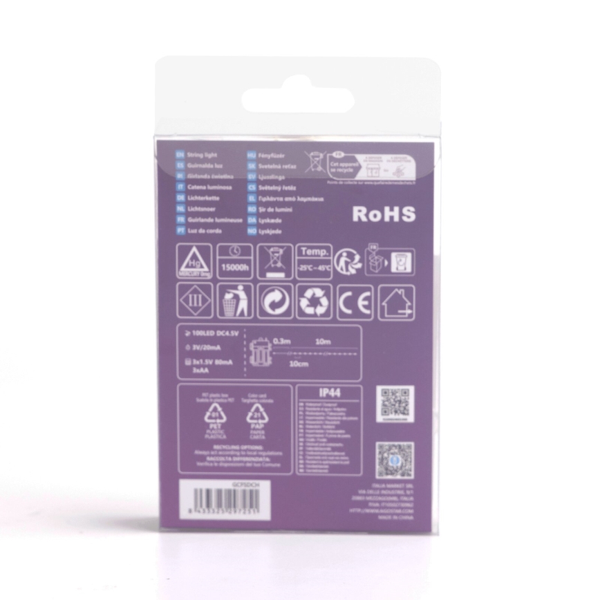 Aigostar - LED Εξωτερική Γιρλάντα 100xLED/8 λειτουργίες/3xAA 10,3m IP44 ψυχρό λευκό