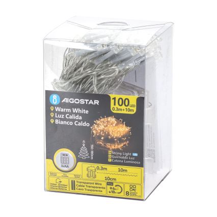 Aigostar - LED εξωτερική γιρλάντα 100xLED/8 λειτουργίες 3xAA 10,3m IP44 θερμό λευκό