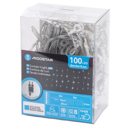 Aigostar - LED εξωτερική γιρλάντα 100xLED/8 λειτουργίες 5x0,4m IP44 ψυχρό λευκό