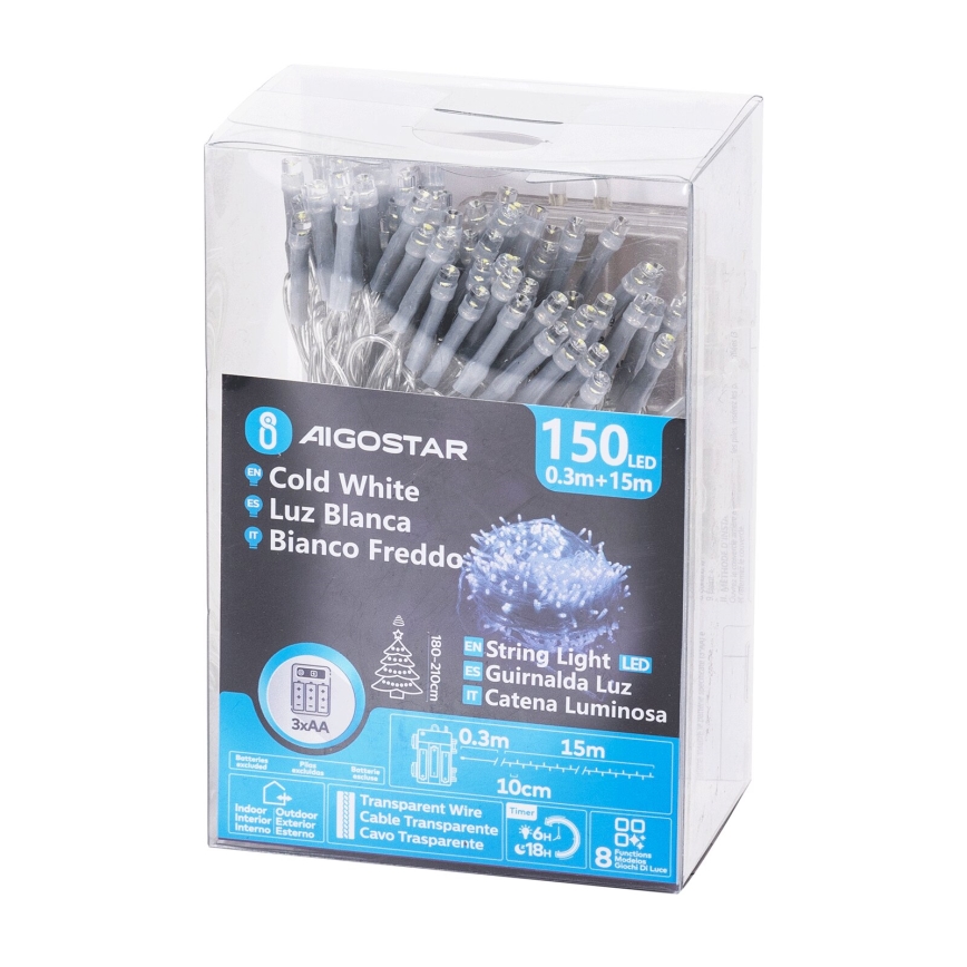 Aigostar - LED εξωτερική γιρλάντα 150xLED/8 λειτουργίες 15,3m IP44 ψυχρό λευκό