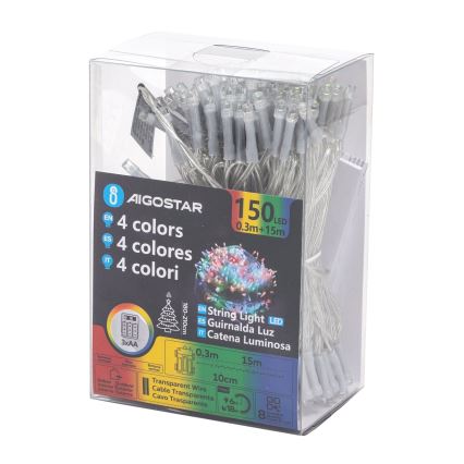 Aigostar -LED Εξωτερική γιρλάντα 150xLED/8 λειτουργίες 3xAA 15,3m IP44 πολύχρωμη