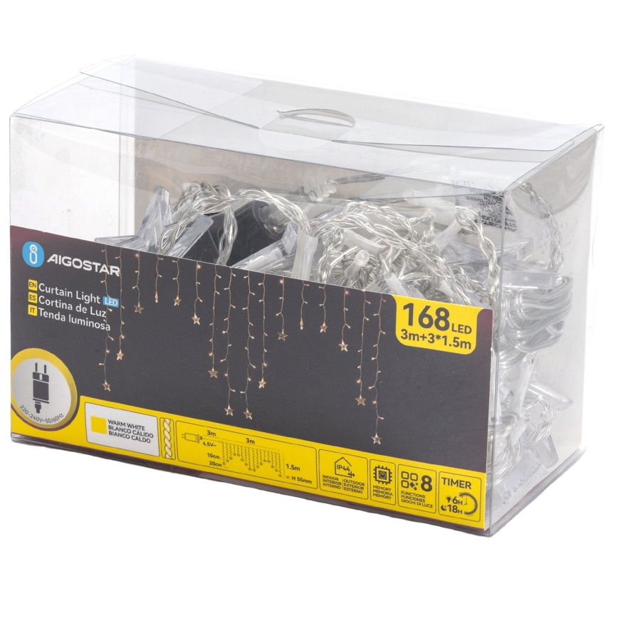 Aigostar - Εξωτερική γιρλάντα LED 168xLED/8 λειτουργίες 3x1,5m IP44 θερμό λευκό αστέρια