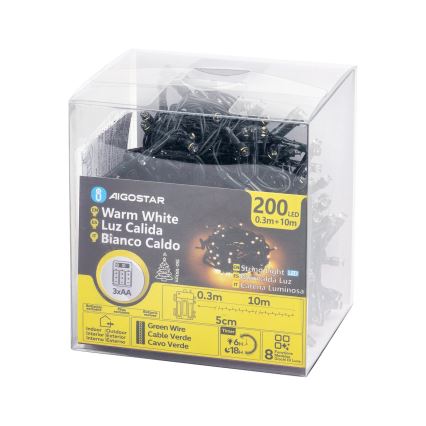 Aigostar - LED γιρλάντα εξωτερικού χώρου 200xLED/8 λειτουργίες 3xAA 10,3m IP44 ζεστό λευκό