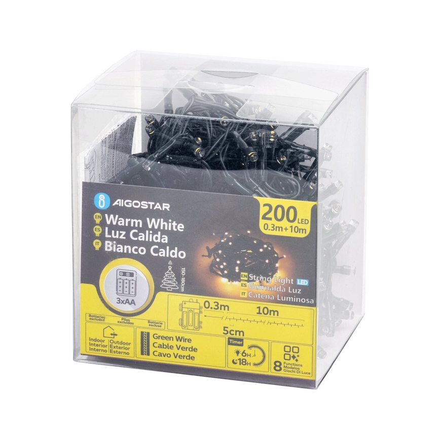 Aigostar - LED γιρλάντα εξωτερικού χώρου 200xLED/8 λειτουργίες 3xAA 10,3m IP44 ζεστό λευκό