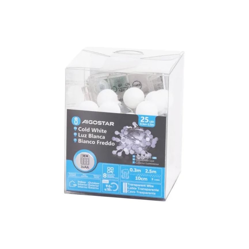 Aigostar - Εξωτερική γιρλάντα LED 25xLED/3xAA/8 λειτουργίες 2,8 m IP44 ψυχρό λευκό