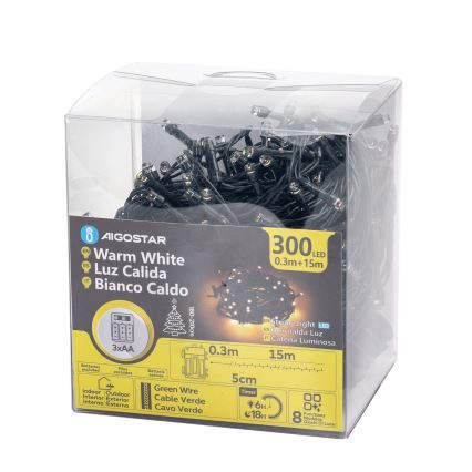 Aigostar-LED Εξωτερική γιρλάντα 300 LED / 8 λειτουργίες / 3xAA / 15,3 m / IP44 / θερμό λευκό