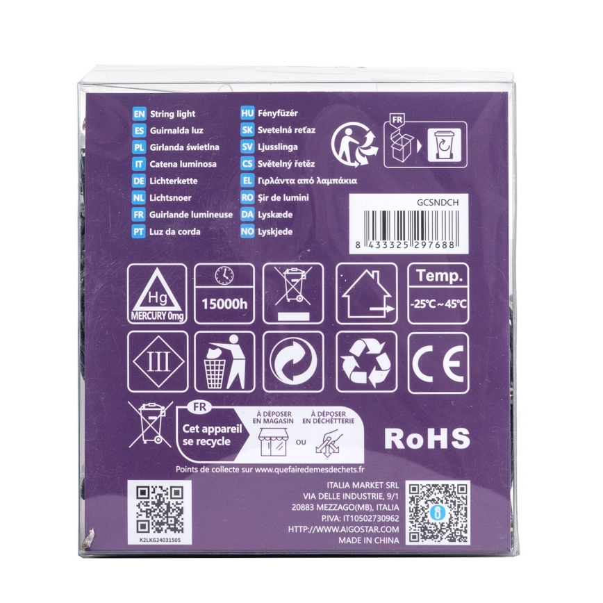 Aigostar-LED Εξωτερική γιρλάντα 300 LED / 8 λειτουργίες / 3xAA / 15,3 m / IP44 / θερμό λευκό
