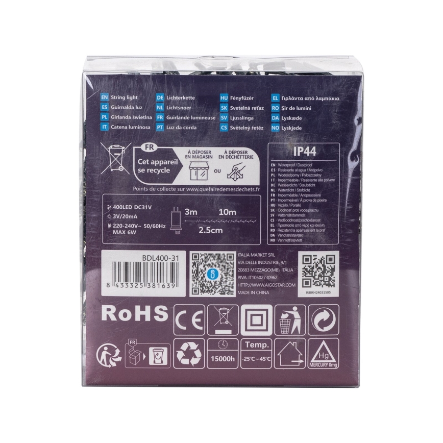 Aigostar - LED εξωτερική γιρλάντα 400xLED/8 λειτουργίες 13m IP44 ψυχρό λευκό