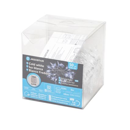 Aigostar - LED εξωτερική γιρλάντα 50x LED/8 λειτουργίες 3xAA 5 m IP44 ψυχρό λευκό