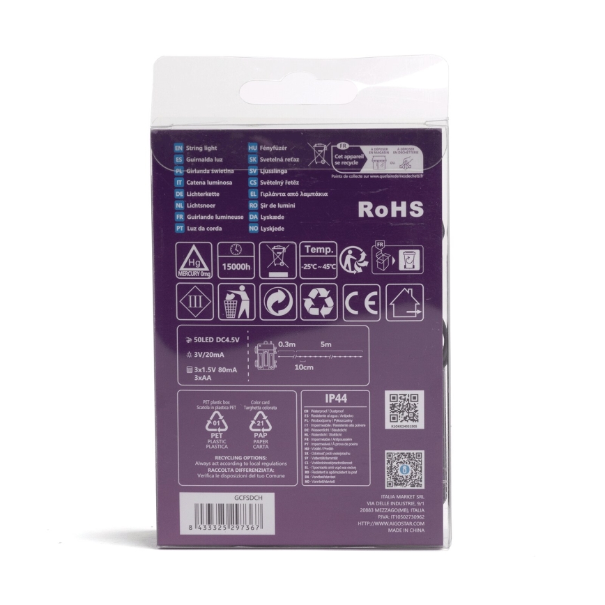Aigostar - LED εξωτερική γιρλάντα 50xLED/8 λειτουργίες 3xAA 5,3m IP44 πολύχρωμη