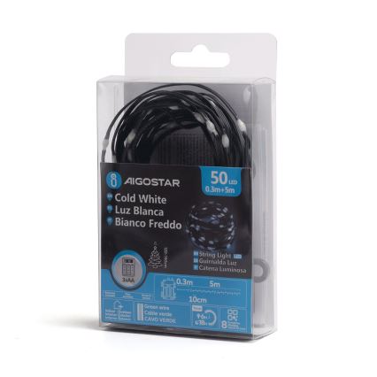 Aigostar -LED Εξωτερική γιρλάντα 50xLED/8 λειτουργίες 3xAA 5,3m IP44 ψυχρό λευκό