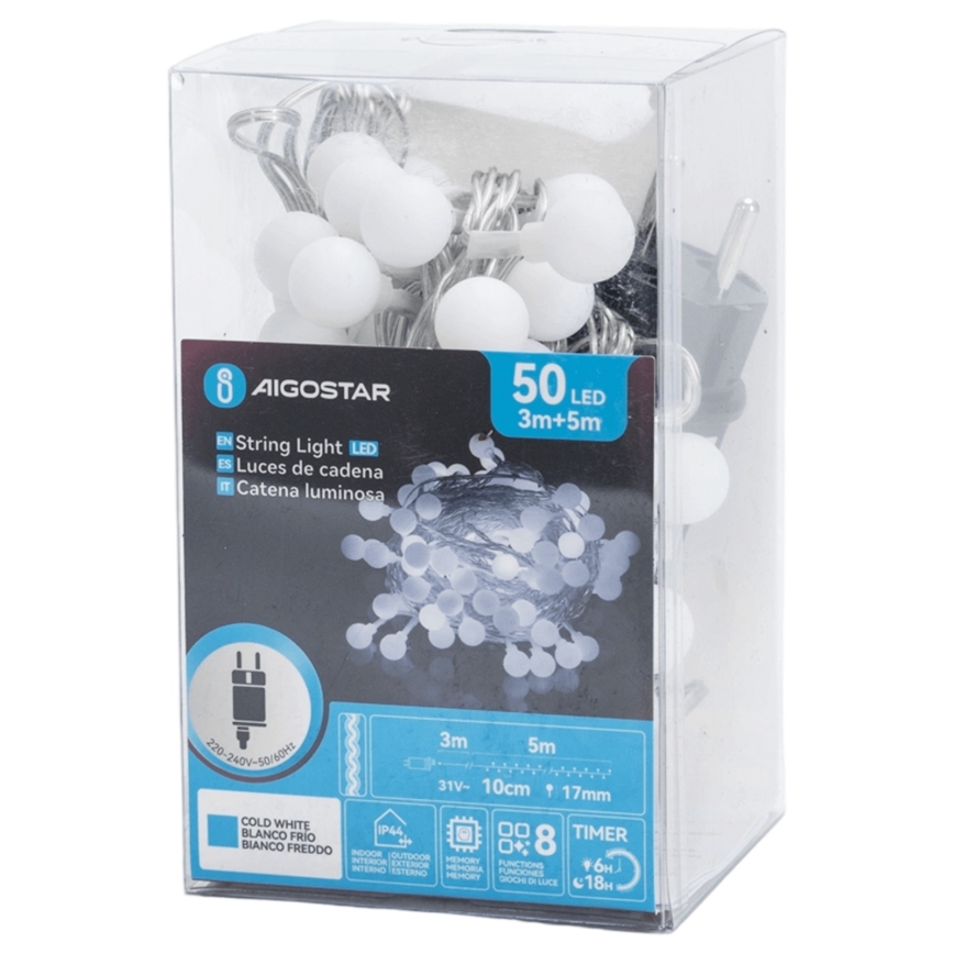 Aigostar - LED εξωτερική διακοσμητική γιρλάντα 50xLED/8 λειτουργίες 5 m IP44 ψυχρό λευκό