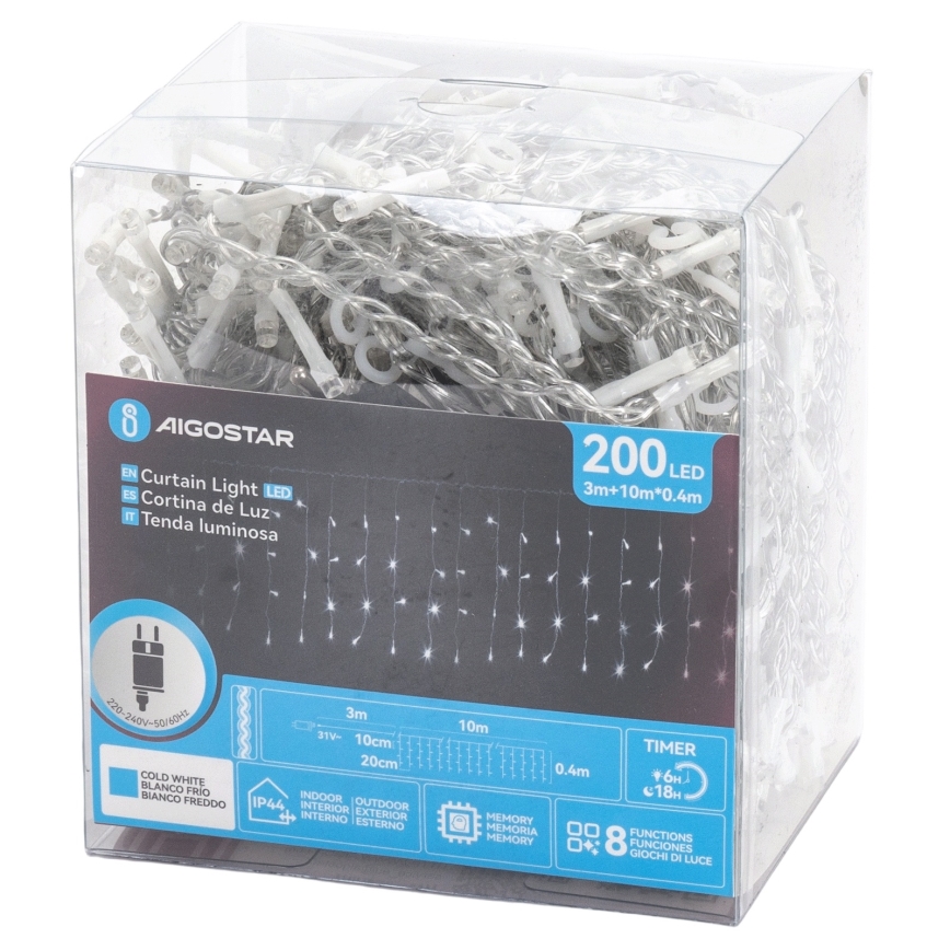 Aigostar - LED γιρλάντα εξωτερικού χώρου 200xLED/3,6W/230V/8 λειτουργίες 10x0,4m IP44 ψυχρό λευκό