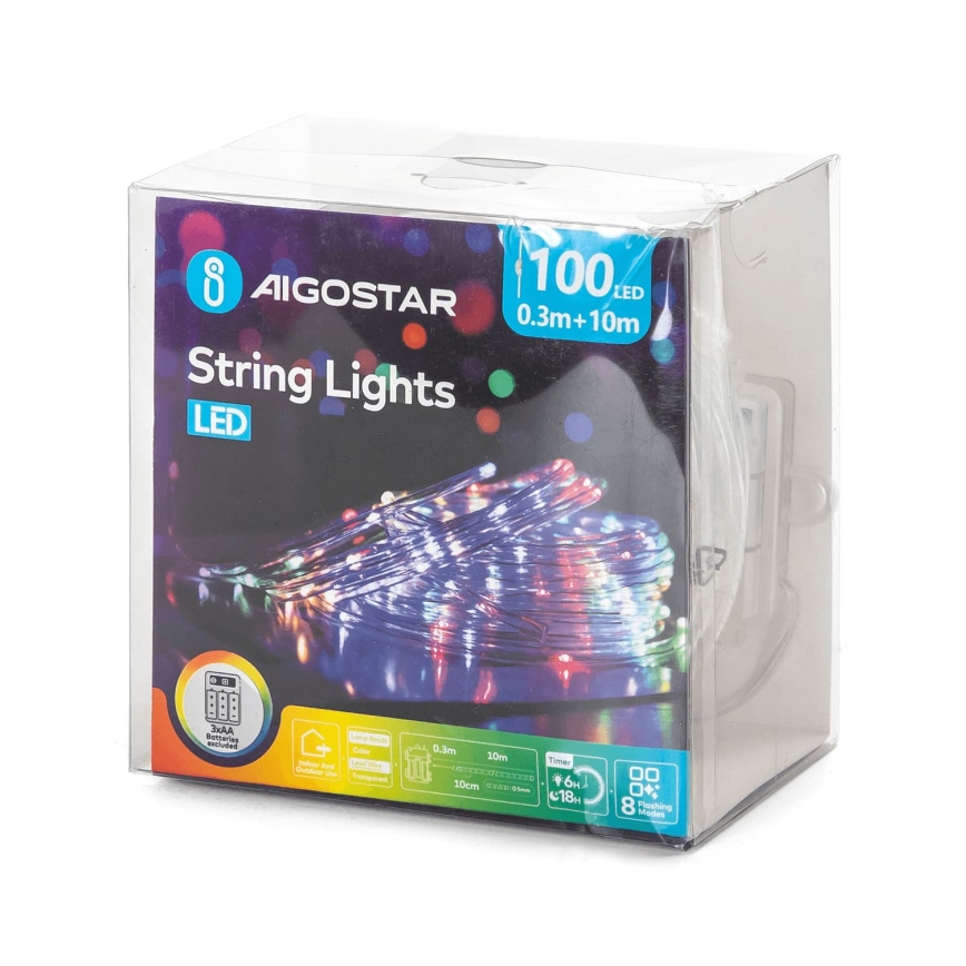 Aigostar - LED Εξωτερική χριστουγεννιάτικη γιρλάντα 100 LED/8 λειτουργίες 3xAA 10,3 m IP44 πολύχρωμη
