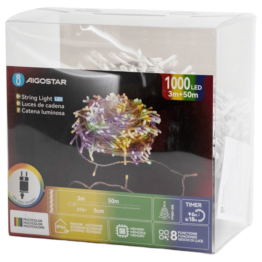 Aigostar - LED εξωτερική χριστουγεννιάτικη γιρλάντα 1000 LED/8 λειτουργίες 53m IP44 πολύχρωμη
