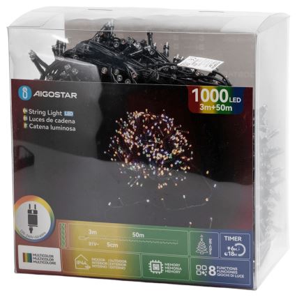 Aigostar - LED Εξωτερική χριστουγεννιάτικη γιρλάντα 1000xLED/8 λειτουργίες 53m IP44 πολύχρωμη