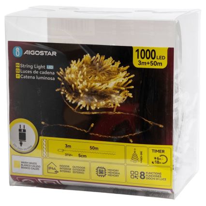 Aigostar - LED γιρλάντα για εξωτερικούς χώρους, 1000 LED, 8 λειτουργίες, 50 m, IP44, θερμό λευκό