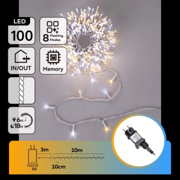 Aigostar - LED εξωτερική χριστουγεννιάτικη γιρλάντα 100xLED/8 λειτουργίες 13m IP44 θερμό λευκό/ψυχρό λευκό