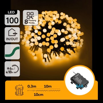 Aigostar - LED εξωτερική χριστουγεννιάτικη γιρλάντα 100xLED / 8 λειτουργίες, 3xAA, 10,3 m, IP44, θερμό λευκό