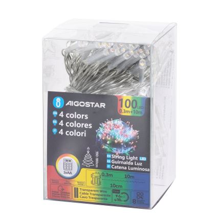 Aigostar - LED Εξωτερική χριστουγεννιάτικη γιρλάντα 100xLED/8 λειτουργίες 3xAA 10,3m IP44 πολύχρωμη