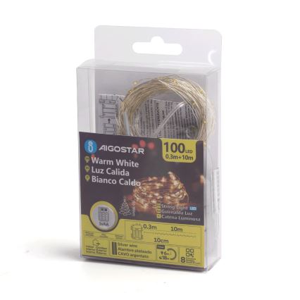 Aigostar -LED Εξωτερική χριστουγεννιάτικη γιρλάντα 100xLED/8 λειτουργίες 3xAA 10,3m IP44 ζεστό λευκό