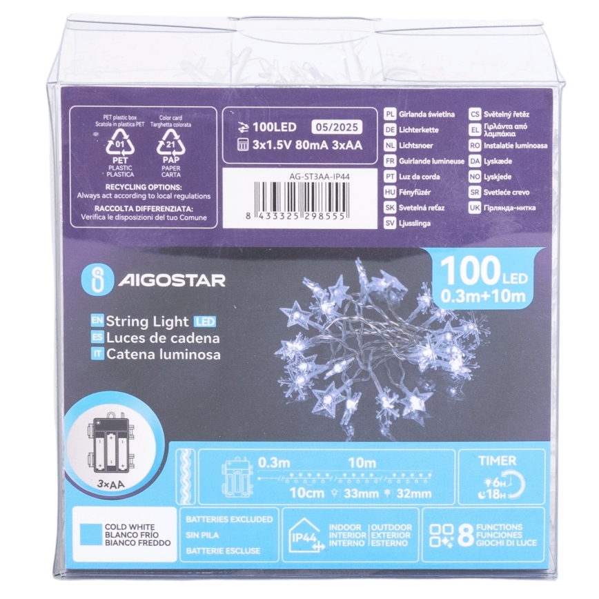 Aigostar - Εξωτερική χριστουγεννιάτικη γιρλάντα LED, 100 LED, 8 λειτουργίες, 3×AA, 10 m, IP44, ψυχρό λευκό