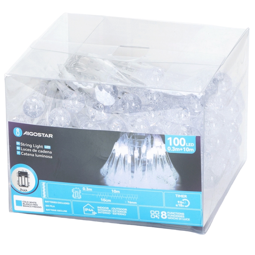 Aigostar - LED Εξωτερική χριστουγεννιάτικη γιρλάντα 100xLED/8 λειτουργίες 3xAA 10m IP44 ψυχρό λευκό σταγόνες