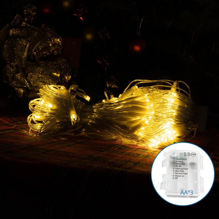 Aigostar - LED εξωτερική χριστουγεννιάτικη γιρλάντα 100xLED/8 λειτουργίες 3xAA 8x0,6m IP44 θερμό λευκό
