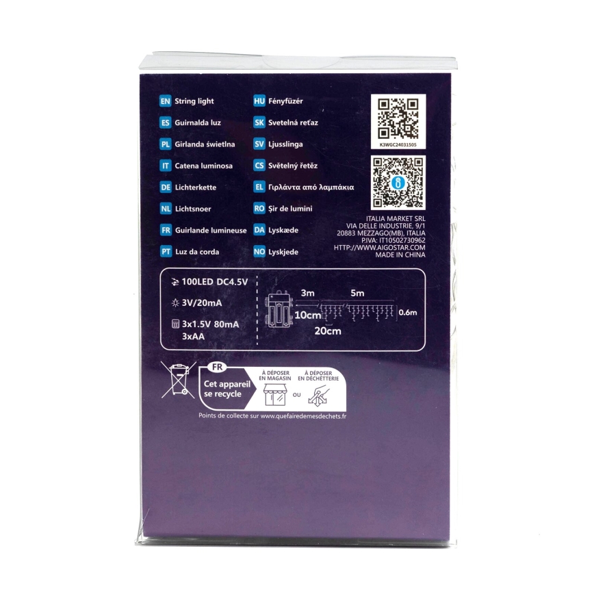 Aigostar - LED εξωτερική χριστουγεννιάτικη γιρλάντα 100xLED/8 λειτουργίες 3xAA 8x0,6m IP44 θερμό λευκό