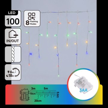 Aigostar - LED εξωτερική χριστουγεννιάτικη γιρλάντα 100xLED/8 λειτουργίες 3xAA 8x06m IP44 πολύχρωμη