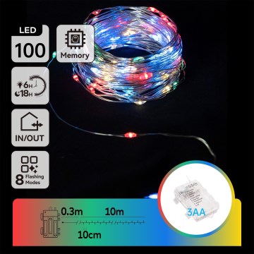Aigostar - LED Εξωτερική χριστουγεννιάτικη γιρλάντα 100xLED/8 λειτουργίες/3xAA10,3m IP44 πολύχρωμη
