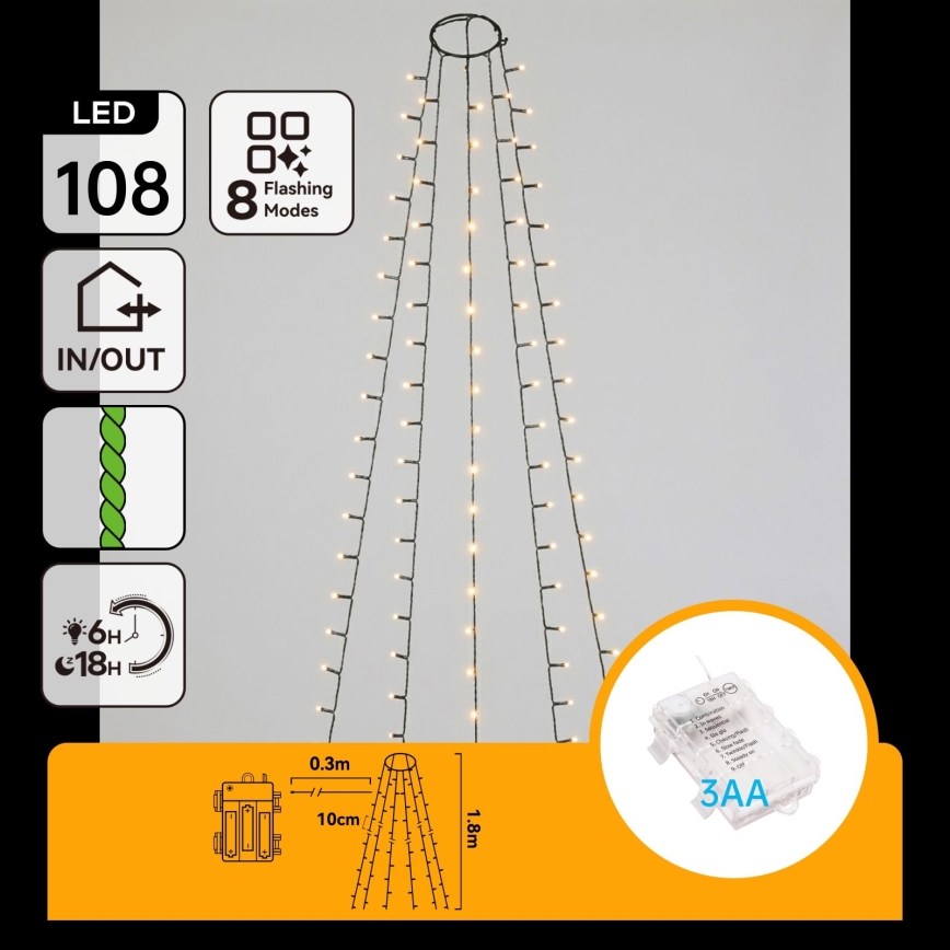 Aigostar - LED εξωτερική χριστουγεννιάτικη γιρλάντα 108xLED/8 λειτουργίες 3xAA 1,8m IP44 ζεστό λευκό