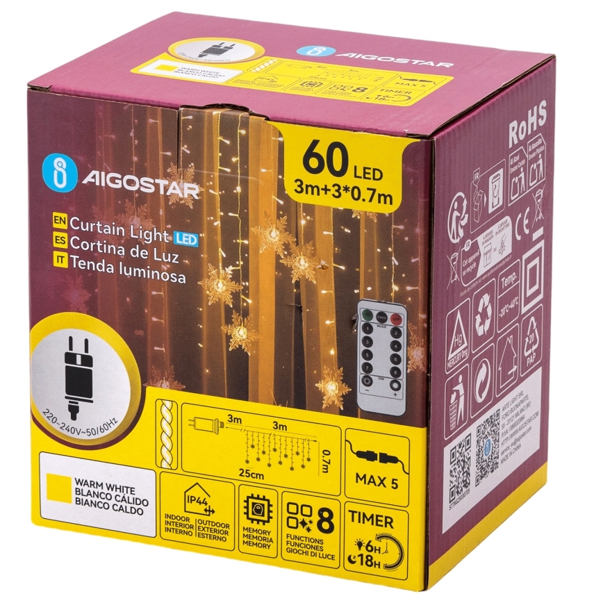 Aigostar - LED εξωτερική χριστουγεννιάτικη γιρλάντα 120xLED/8 λειτουργίες 3x0,7m IP44 θερμό λευκό + τηλεχειριστήριο