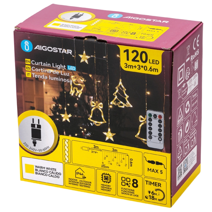 Aigostar - LED εξωτερικά χριστουγεννιάτικα φωτάκια 120xLED/8 λειτουργίες 3x0,6m IP44 θερμό λευκό + τηλεχειριστήριο