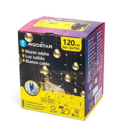 Aigostar - LED εξωτερική χριστουγεννιάτικη γιρλάντα 120xLED/8 λειτουργίες 3x0,6m IP44 θερμό λευκό + τηλεχειριστήριο