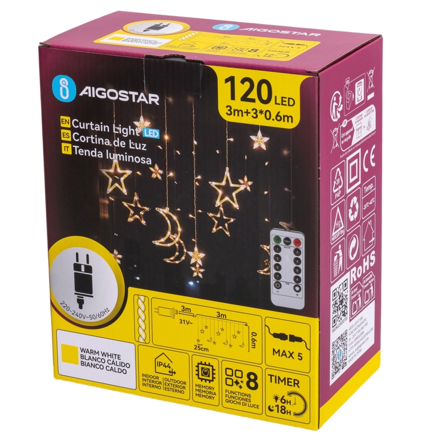 Aigostar - LED Υπαίθρια Χριστουγεννιάτικη Γιρλάντα 120xLED/6W/230V/8 λειτουργίες 3x0,6m IP44 θερμό λευκό + τηλεχειριστήριο