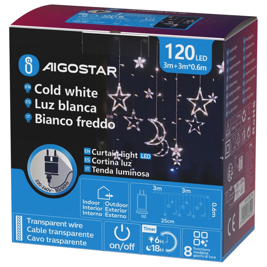 Aigostar - LED Εξωτερική χριστουγεννιάτικη γιρλάντα 120xLED/6W/230V/8 λειτουργίες 3x0,6m IP44 ψυχρό λευκό + τηλεχειριστήριο