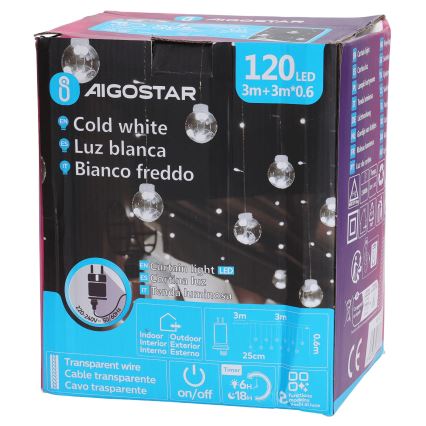 Aigostar - LED εξωτερική χριστουγεννιάτικη γιρλάντα 120xLED/8 λειτουργίες 3x0,6m IP44 ψυχρό λευκό + τηλεχειριστήριο