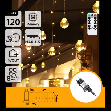 Aigostar - LED εξωτερική χριστουγεννιάτικη γιρλάντα 120xLED/8 λειτουργίες 3x0,6m IP44 θερμό λευκό + τηλεχειριστήριο