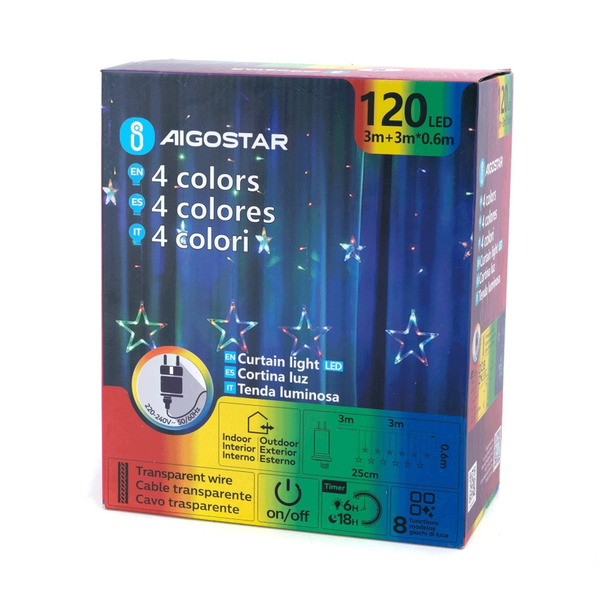Aigostar - LED Εξωτερική χριστουγεννιάτικη γιρλάντα 120xLED/8 λειτουργίες 6x0,6m IP44 πολύχρωμη + τηλεχειριστήριο