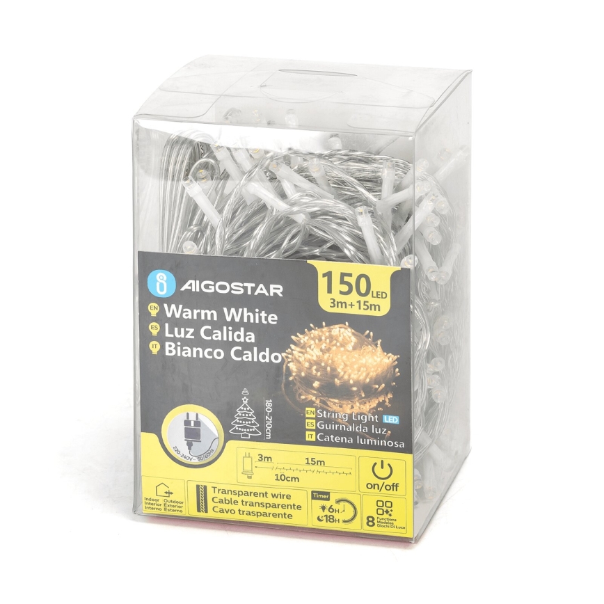 Aigostar - LED εξωτερική χριστουγεννιάτικη γιρλάντα 150 LED / 8 λειτουργίες, 18 m, IP44, θερμό λευκό
