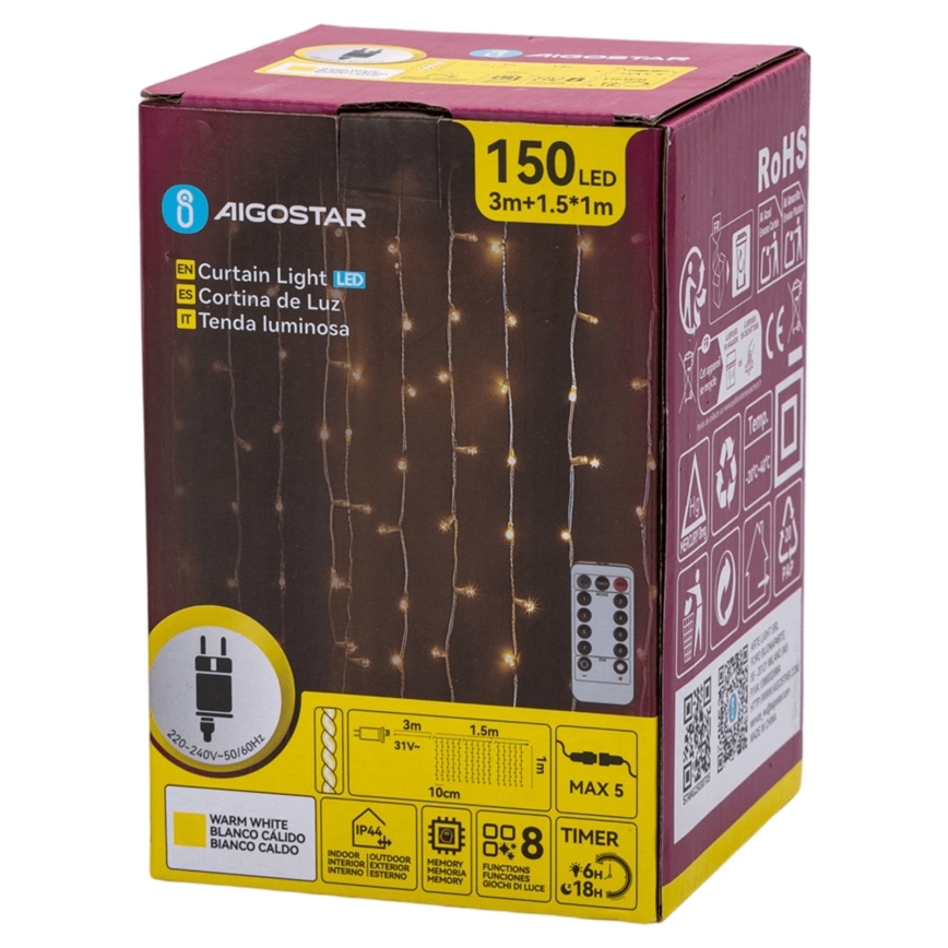Aigostar - LED εξωτερική χριστουγεννιάτικη γιρλάντα 150xLED/6W/230V/8 λειτουργίες 1,5x1m IP44 θερμό λευκό + τηλεχειριστήριο
