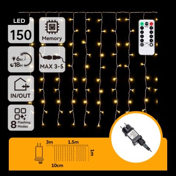 Aigostar - LED εξωτερική χριστουγεννιάτικη γιρλάντα 150xLED/6W/230V/8 λειτουργίες 1,5x1m IP44 θερμό λευκό + τηλεχειριστήριο