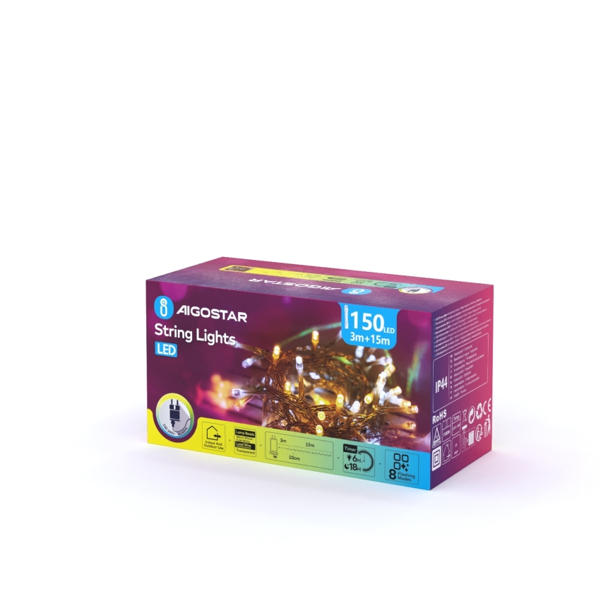 Aigostar - LED εξωτερική χριστουγεννιάτικη γιρλάντα 150xLED/8 λειτουργίες 18m IP44 θερμό λευκό/ψυχρό λευκό