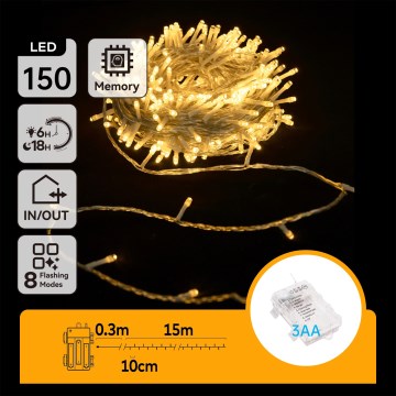 Aigostar -LED εξωτερική χριστουγεννιάτικη γιρλάντα 150xLED/8 λειτουργίες 3xAA 15,3m IP44 θερμό λευκό