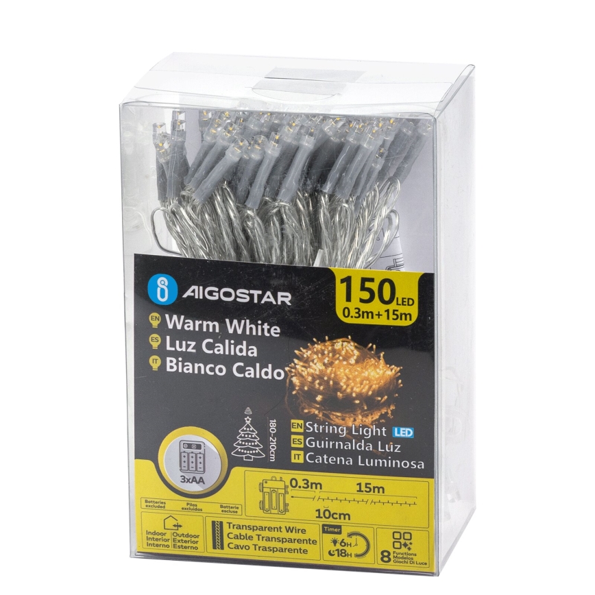 Aigostar -LED εξωτερική χριστουγεννιάτικη γιρλάντα 150xLED/8 λειτουργίες 3xAA 15,3m IP44 θερμό λευκό