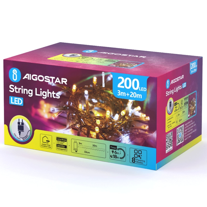 Aigostar - LED Εξωτερική χριστουγεννιάτικη γιρλάντα 200xLED/8 λειτουργίες 23m IP44 ζεστό λευκό/ψυχρό λευκό