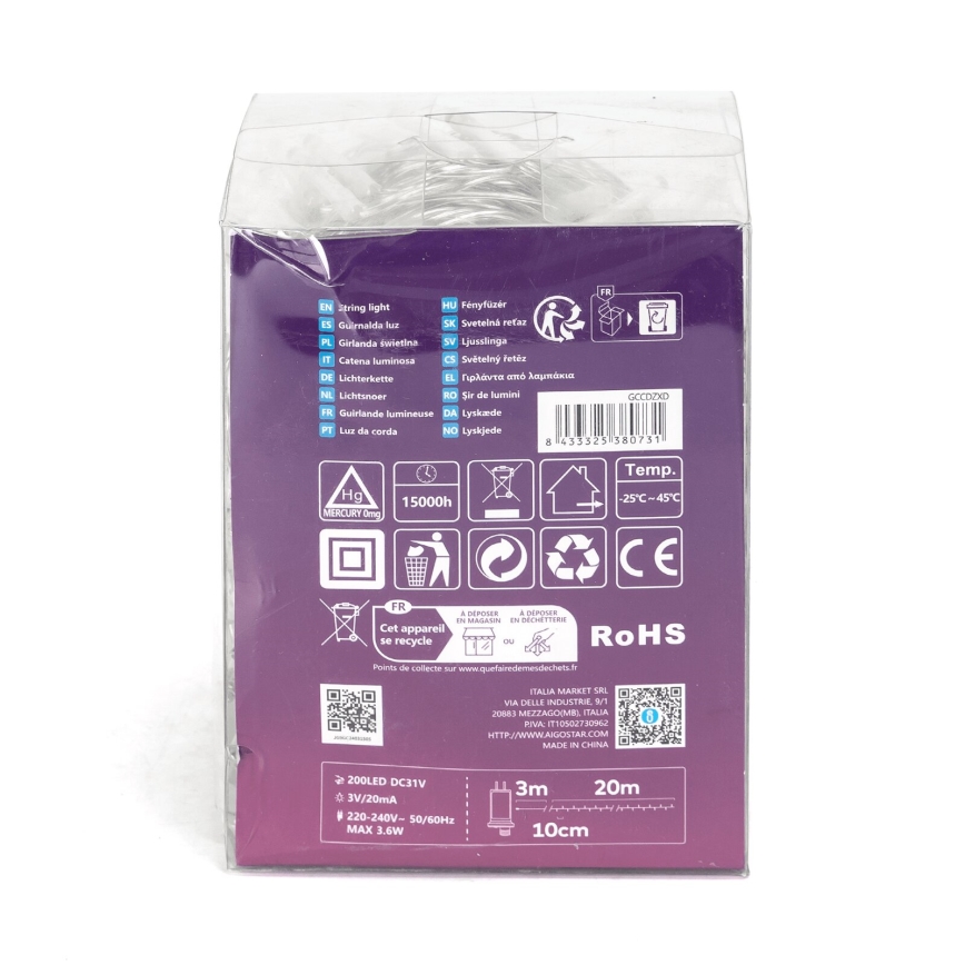 Aigostar - LED εξωτερική χριστουγεννιάτικη γιρλάντα 200xLED/8 λειτουργίες 23m IP44 θερμό λευκό