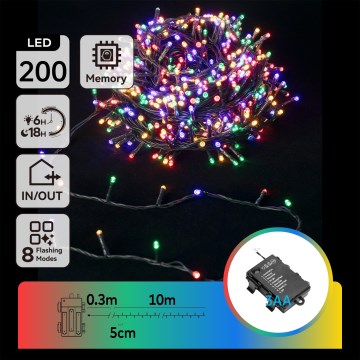 Aigostar -LED Εξωτερική χριστουγεννιάτικη γιρλάντα 200xLED/8 λειτουργίες 3xAA 10,3m IP44 πολύχρωμη