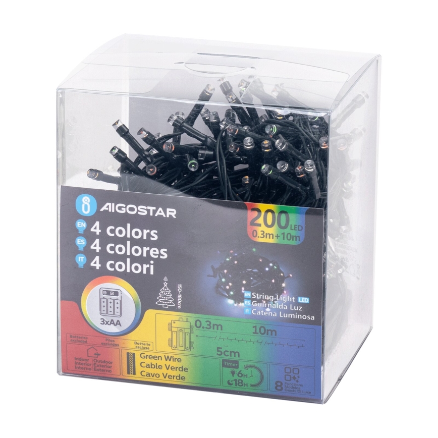Aigostar -LED Εξωτερική χριστουγεννιάτικη γιρλάντα 200xLED/8 λειτουργίες 3xAA 10,3m IP44 πολύχρωμη